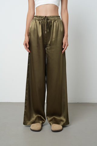 Kadın Haki Renk Düz Saten Bol Paça Beli Lastikli Pantolon