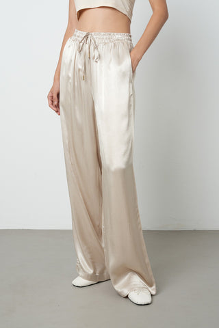 Kadın Açık Bej Düz %100 Viskoz Bol Paça Beli Lastikli Pantolon