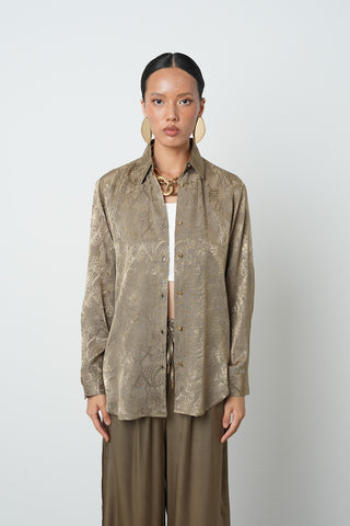 Kadın Haki Renk Desenli Altın Düğmeli Gömlek