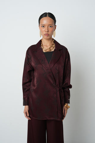 Kadın Bordo Renk Desenli Yandan Bağlamalı Ceket