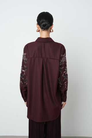 Kadın Önü Boncuk İşlemeki Bordo Renk Oversize Gömlek