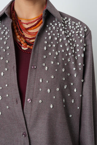 Kadın Önü Ve Robası Taş İşlemeli Oversize Kesim Bordo Gömlek