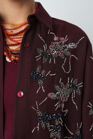 Kadın Önü Boncuk İşlemeki Bordo Renk Oversize Gömlek