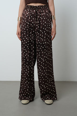 Kadın Puantiye Desenli Kahverengi Jakarlı Bol Paça Desenli Pantolon